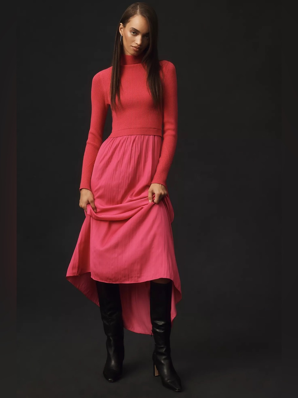 Anthropologie High-Neck Mockable Maxi Dress  Fuchsia  Knit dress & Pleated Skirt - Picture 2 of 9